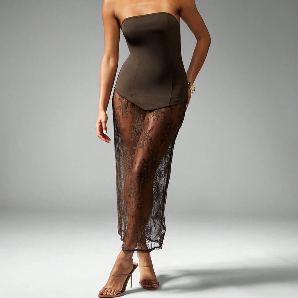 Missguided Strapless Brown Lace Midi Dress